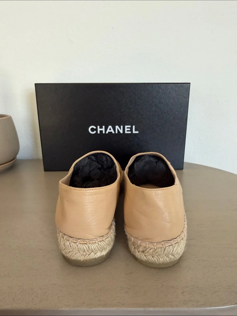 CHANEL Beige and Black Leather Espadrille Flats with CC Logo